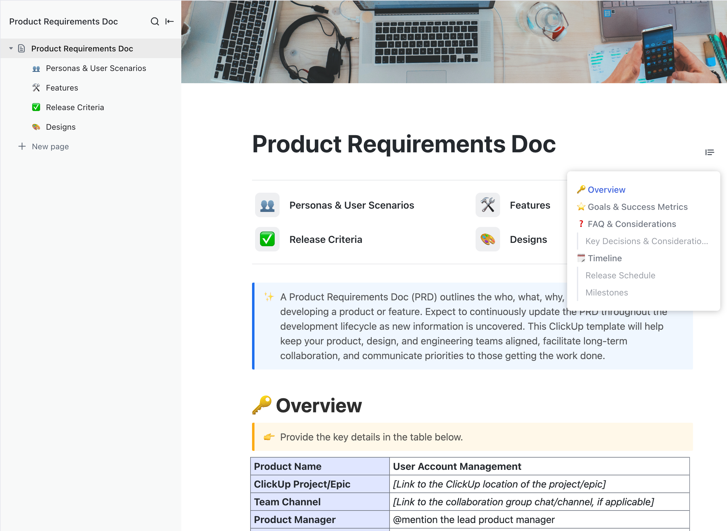 clickup product requirements document prd template