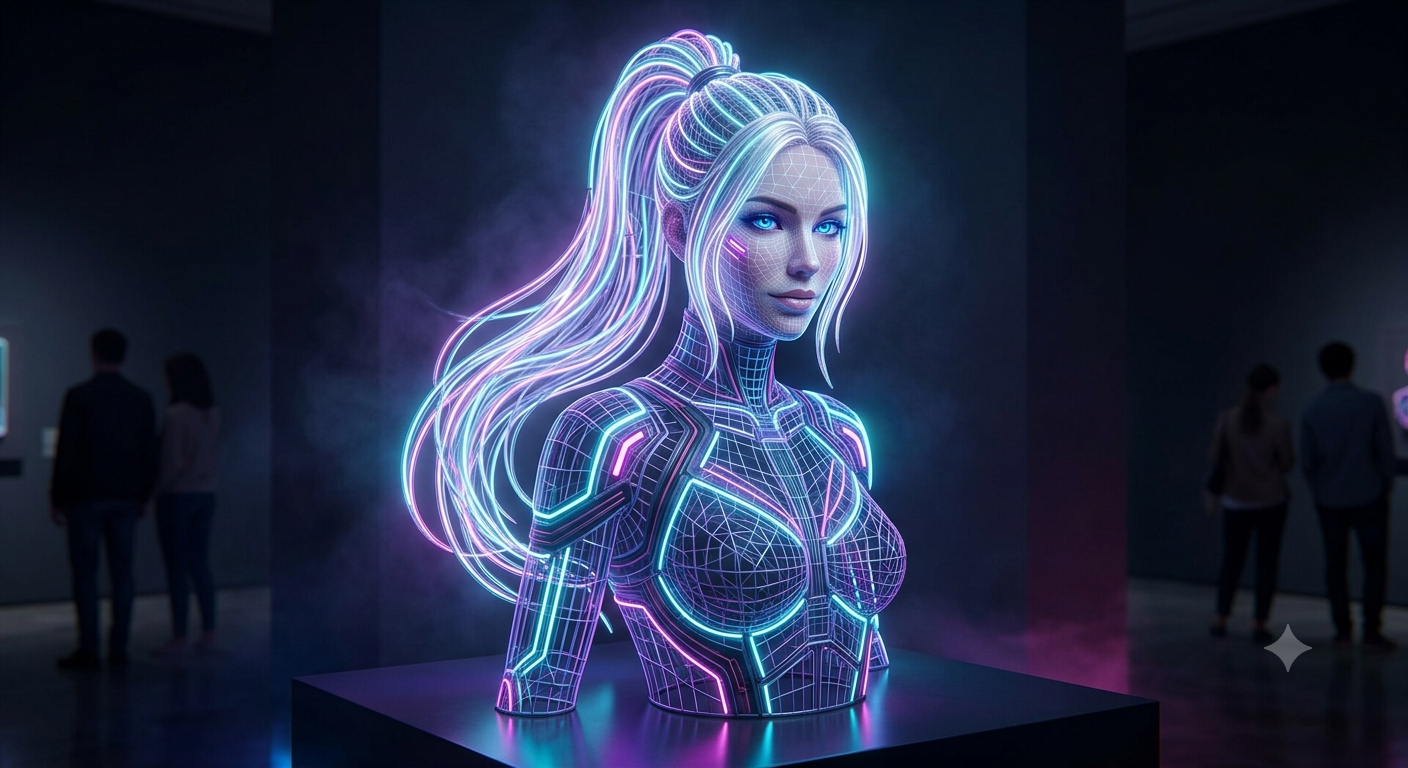 glowing neon wireframe sculpture